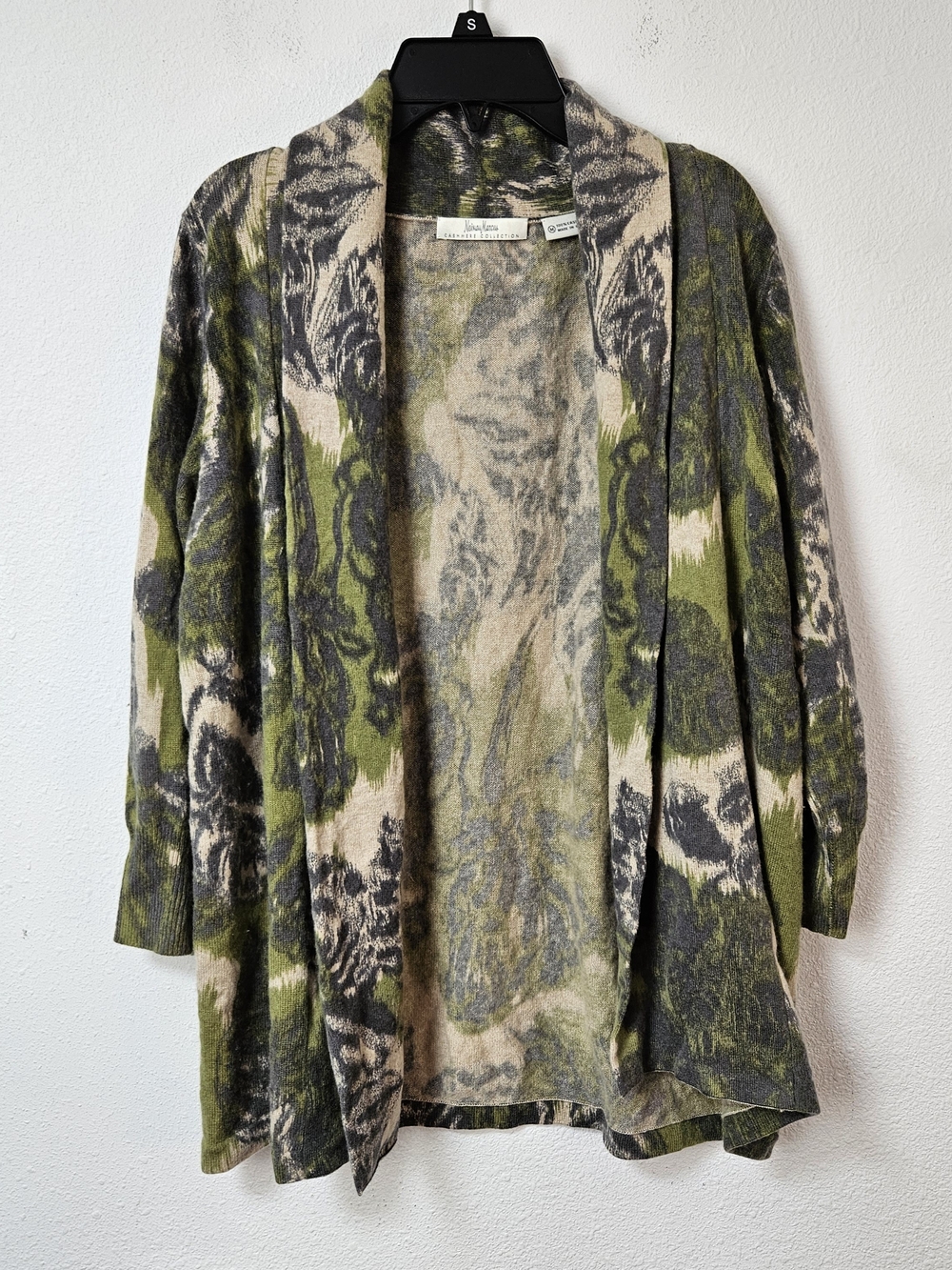 Neiman Marcus Olive Green & Cream Open-Front Cardigan Sweater Size Medium